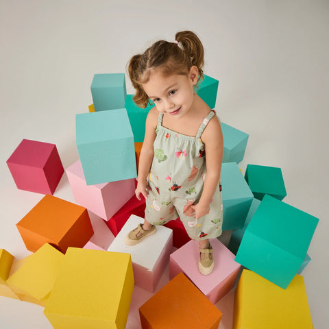 Little Farm Desenli Kız Çocuk Yazlık Yeşil Tulum Salopet